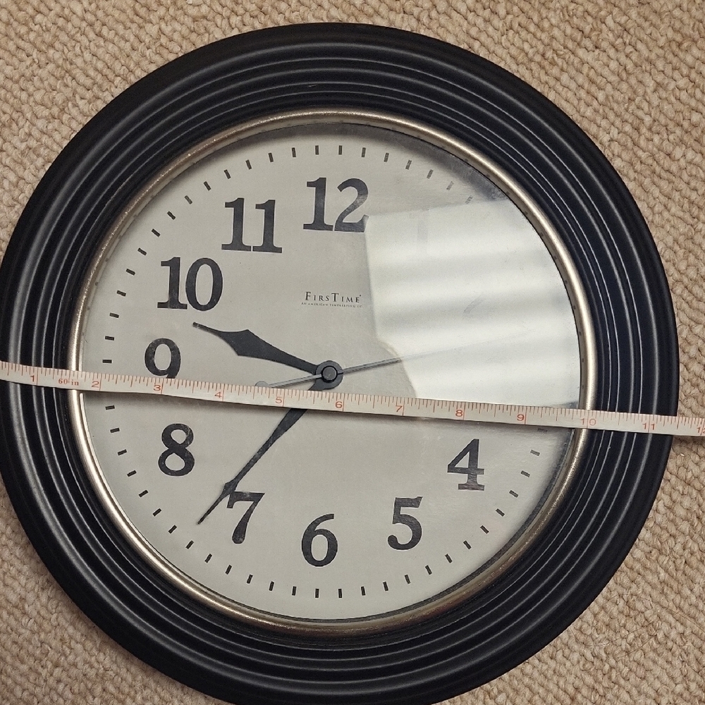 Firsttime Used Black Wall Clock 11.5" good condition uses batteries not included